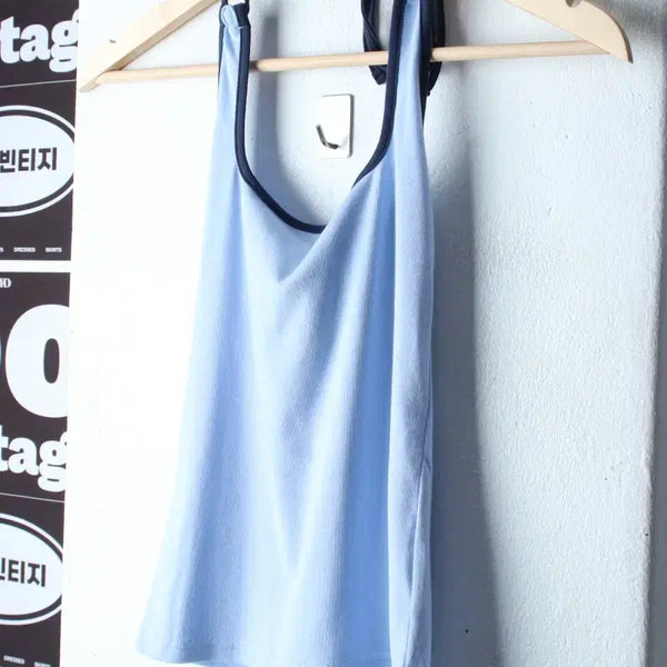 [BUNJANG] W(F) Yoo Hee-ri Sleeveless Halterneck Crop T-Shirt, Light Blue / W(F) 유희리 반팔 티셔츠 민소매 나시 홀터넥 연블루 크롭-H36939