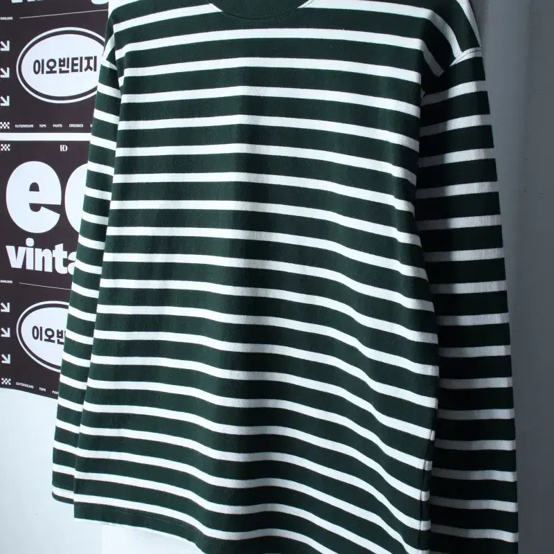 [BUNJANG] Giordano Striped Long Sleeve T-Shirt Green / (M) 지오다노 긴팔티셔츠 스트라이프 그린 올드스쿨-H36949