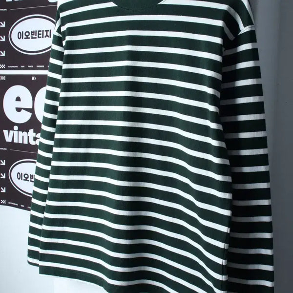 [BUNJANG] Giordano Striped Long Sleeve T-Shirt Green / (M) 지오다노 긴팔티셔츠 스트라이프 그린 올드스쿨-H36949