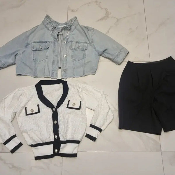 [BUNJANG] Women's 3-Piece Clothing Bundle Set: Denim Jacket, Cardigan, Elle Black Pants / 여성옷3벌일괄.반에이크데님자켓/가디건/엘르 블랙 팬츠 세트
