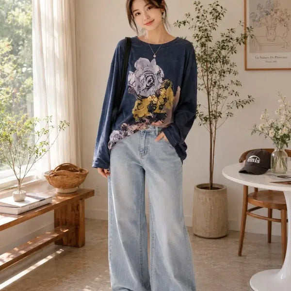 [BUNJANG] Women's Navy Floral Long Sleeve T-Shirt / 여성 꽃무늬 긴팔 티셔츠 남색