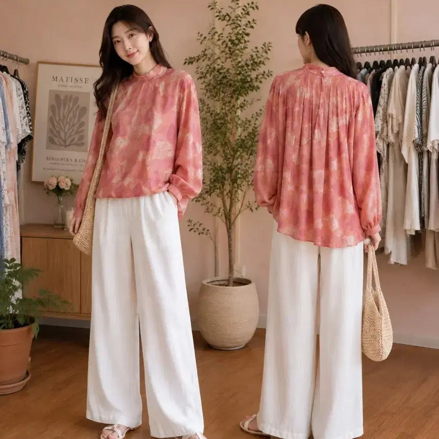 [BUNJANG] Pink Floral Pattern Blouse / 여성 블라우스 핑크 플라워 패턴