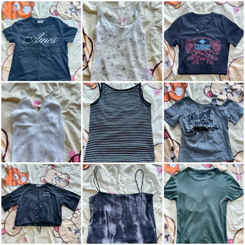 [BUNJANG] Y2K Style Mixed Tops - Short Sleeve, Sleeveless, Lace Trim / 검정 카키 반팔 나시 레이스 배색 y2k 교환 판매