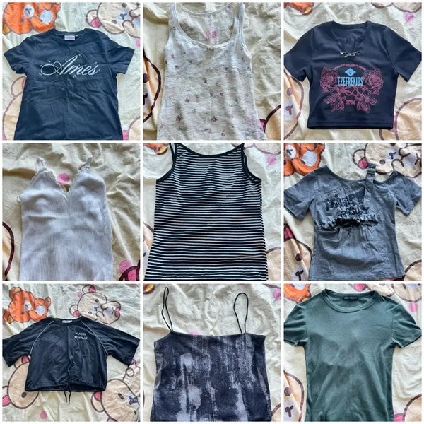 [BUNJANG] Y2K Style Mixed Tops - Short Sleeve, Sleeveless, Lace Trim / 검정 카키 반팔 나시 레이스 배색 y2k 교환 판매
