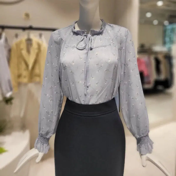 [BUNJANG] DEWL Flower Chiffon Blouse Lavender / 23ss 듀엘 DEWL 플라워 쉬폰 블라우스 라벤더 프릴넥 러플넥 꽃무늬 시스루 하객룩