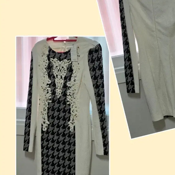 [BUNJANG] Black and White Pattern Contrast Lace Midi Dress / 원피스 블랙화이트 패턴 배색 레이스 장식