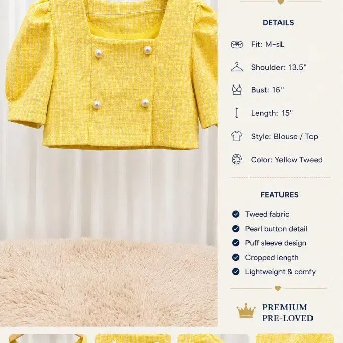 [BUNJANG] Yellow Tweed Pearl Button Cropped Blouse / 크롭탑 트위드 탑