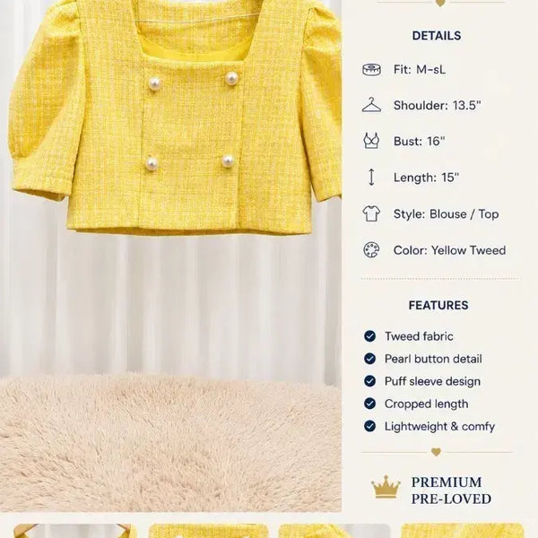 [BUNJANG] Yellow Tweed Pearl Button Cropped Blouse / 크롭탑 트위드 탑