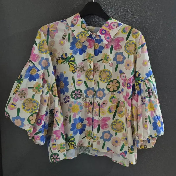 [BUNJANG] Flower Butterfly Pattern Puff Sleeve Blouse / (새상품)플라워 나비 패턴 퍼프소매 블라우스