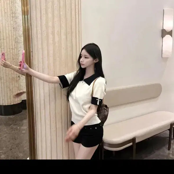 [BUNJANG] Pearl Short Sleeve T-Shirt / 카라진주반팔