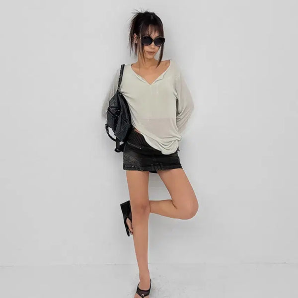 [BUNJANG] Black Up Mob Tie Backless Long Sleeve T-Shirt / 블랙업 모브티 백리스 긴팔티
