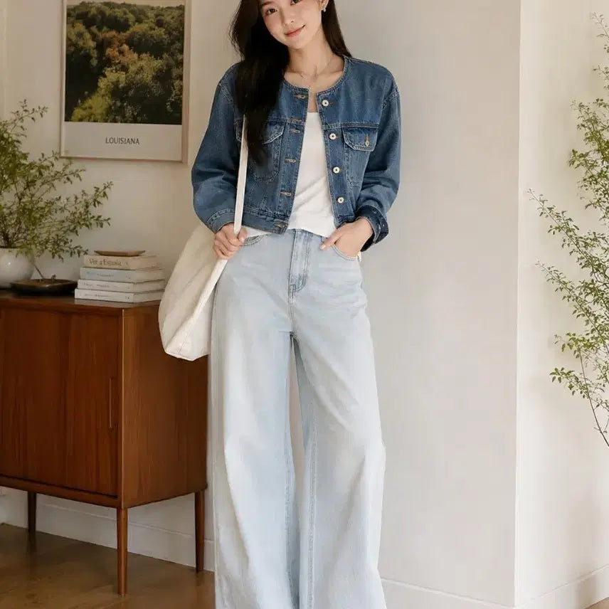 [BUNJANG] Denim Cropped Jacket / 청자켓 데님 크롭 라운드넥