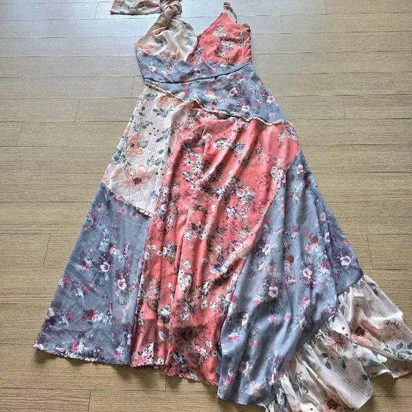 [BUNJANG] Shihanjia Flower Patchwork Chiffon Maxi Dress / 플라워 패치워크 시폰 롱 원피스