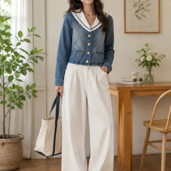 [BUNJANG] Denim Sailor Collar Crop Jacket / 데님 세일러 카라 크롭 자켓