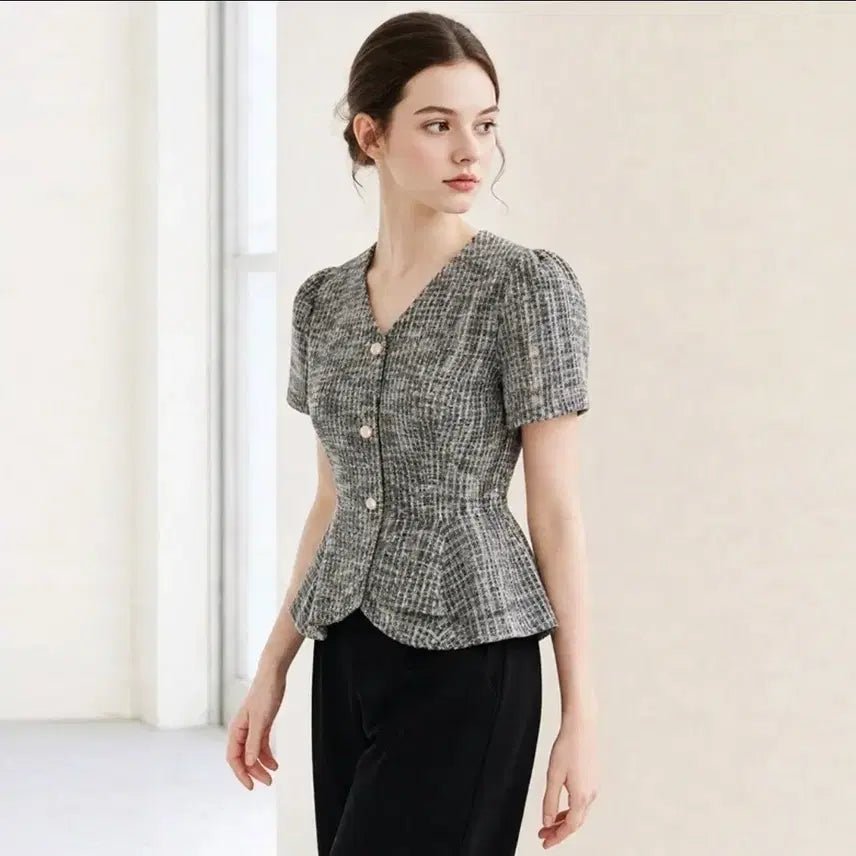 [BUNJANG] Tweed Short Sleeve Blouse / 트위드 반팔 블라우스