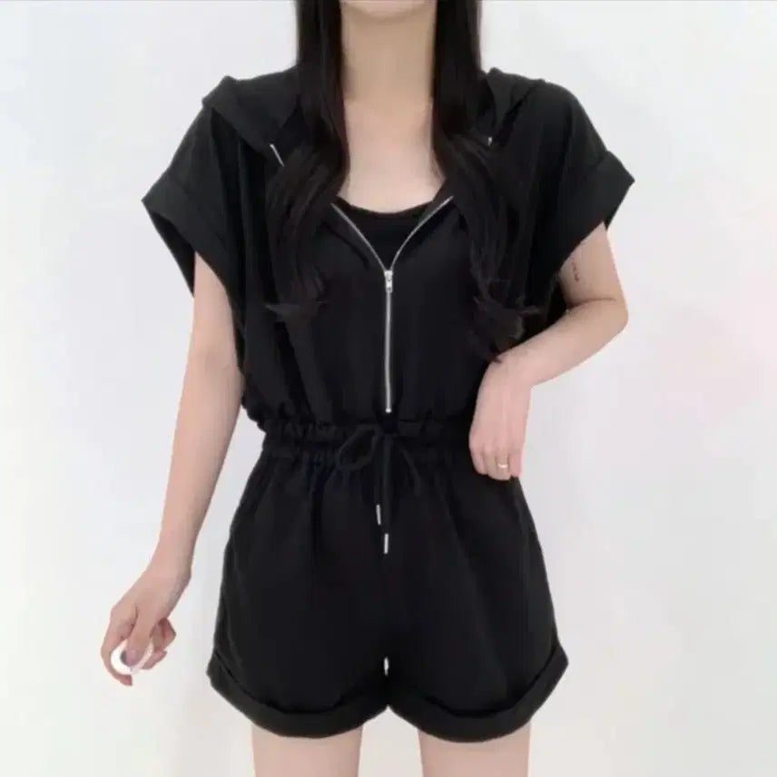 [BUNJANG] Ablhy Black Short Sleeve Jumpsuit / 에이블리 후드 반팔 숏 점프수트 블랙