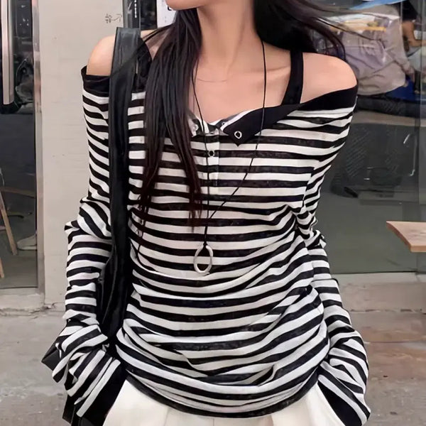 [BUNJANG] Striped Off-Shoulder Long Sleeve T-Shirt / 스트라이프 오프숄더 긴팔 티셔츠