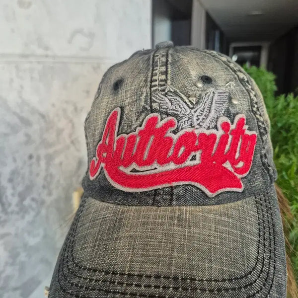 [BUNJANG] Denim Baseball Cap with 'Authority' Logo and Eagle Embroidery / 데님 야구 모자