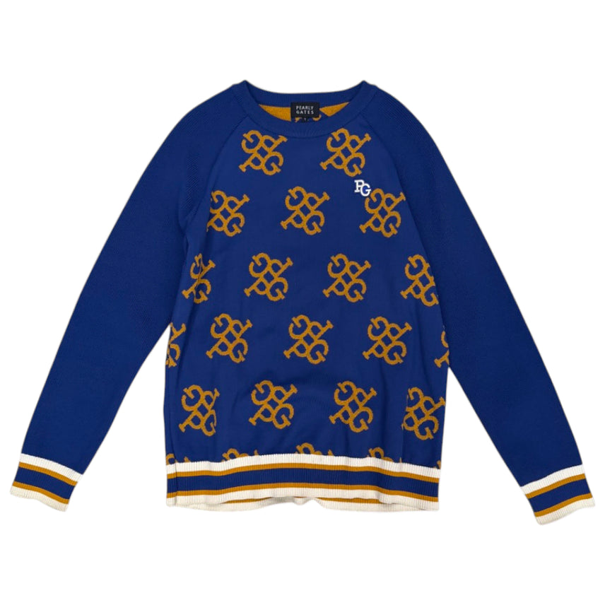 [BUNJANG] Pearly Gates Blue Monogram Pattern Round Neck Knit Size 1 / 파리게이츠 Pearly gates 블루 모노그램 패턴 라운드넥 니트 1