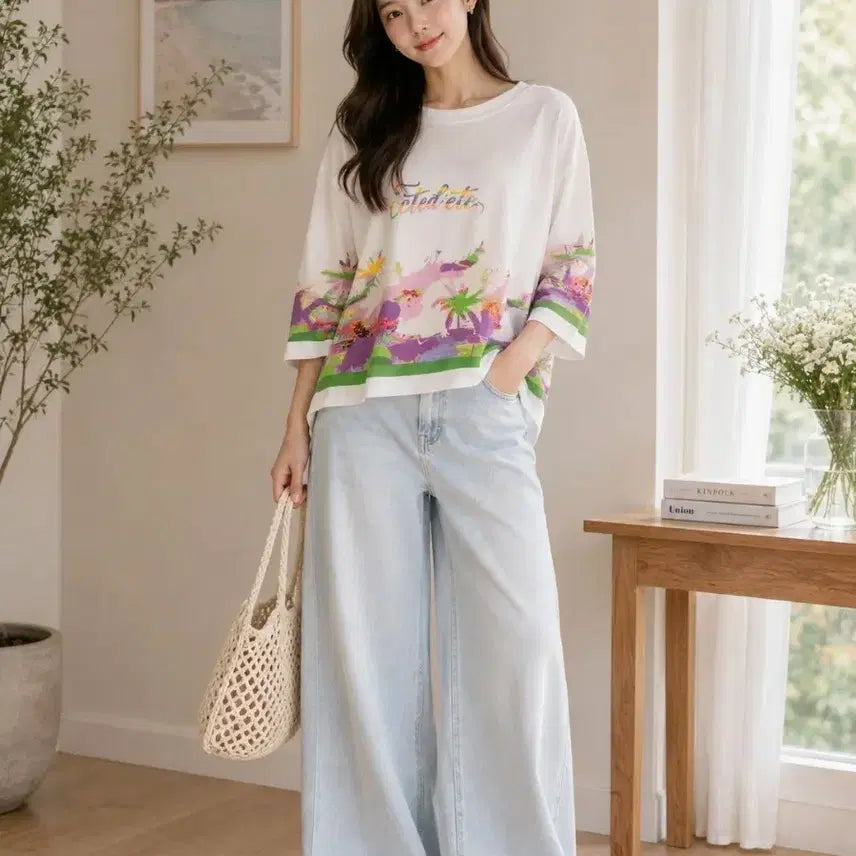 [BUNJANG] White Printed Short Sleeve T-Shirt / 프린팅 반팔 티셔츠