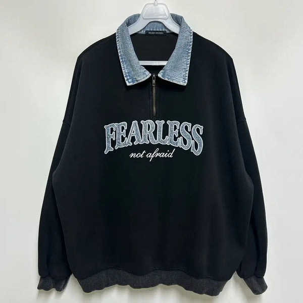 [BUNJANG] REGEN BOGEN FEARLESS Denim Collar Oversized Sweatshirt / [여자-FREE]레겐보겐 FEARLESS 데님 카라 오버핏 맨투맨