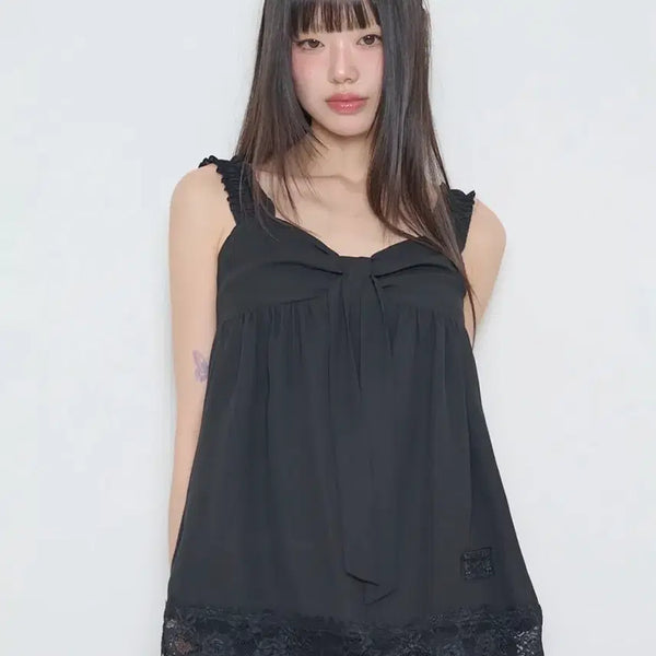 [BUNJANG] Illigo Bow Chiffon Lace Sleeveless Black / 일리고 보우 쉬폰 레이스 슬리브리스 블랙