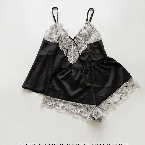 [BUNJANG] Black Satin & White Flower Lace Slip Shorts Pajama Set / 새상품 블랙 새틴 & 화이트 플라워 레이스 슬립 나시 쇼츠 파자마 세트