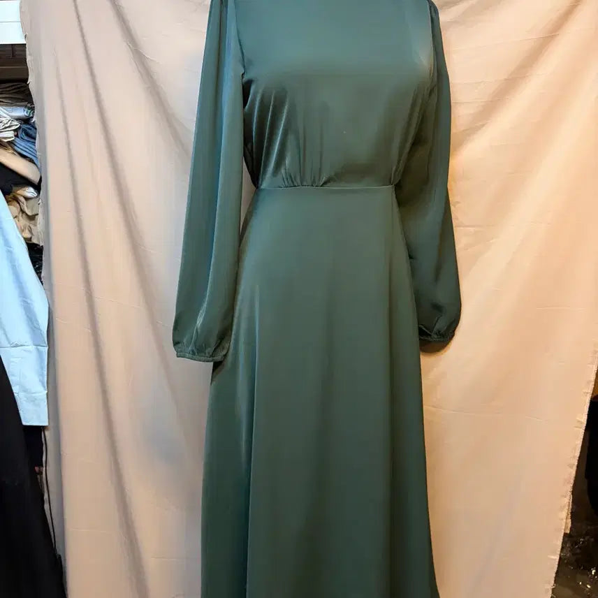 [BUNJANG] Women's Green Satin Long Sleeve Maxi Dress - Size S / 여성 원피스 롱 소매 그린 샤틴 차르르 S