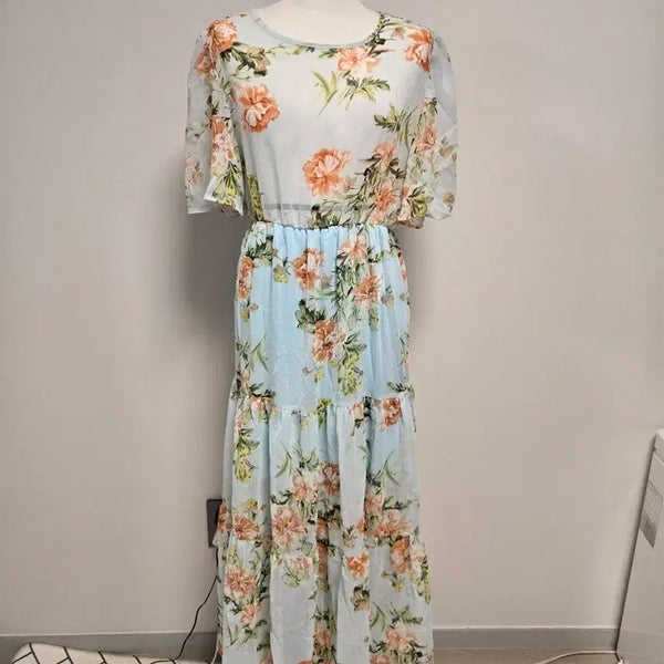 [BUNJANG] Floral Chiffon Long Dress - Sky Blue / (M)새상품 하늘색 플로럴 쉬폰 롱 원피스