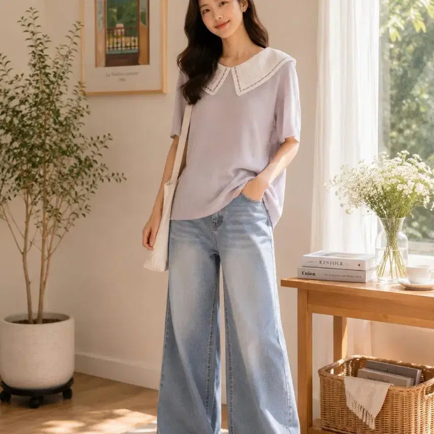 [BUNJANG] Puff Sleeve Collar Knit T-Shirt - Light Purple / 퍼프 소매 카라 니트 티셔츠연보라
