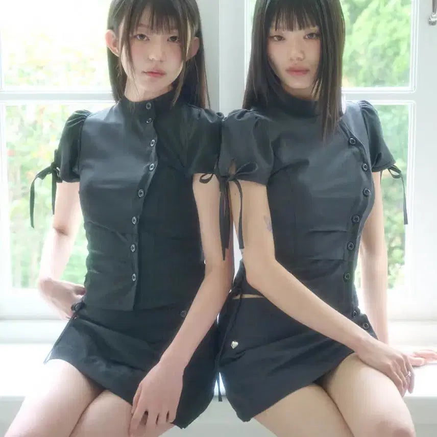 [BUNJANG] Illygo China Button Collar Top & Pintuck Skirt Pants Charcoal / 일리고 차이나 버튼 카라 탑 핀턱 스커트 팬츠 차콜