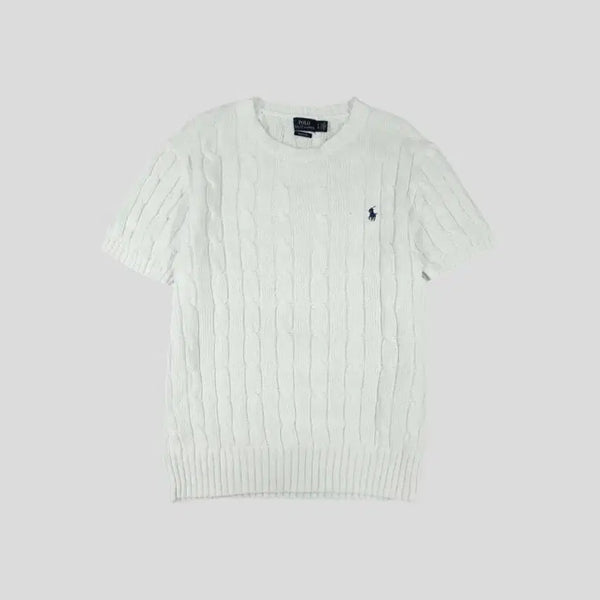 [BUNJANG] Polo Ralph Lauren Women's L Pima Cotton Cable Knit Short Sleeve Half Knit Top White Navy Pony / 폴로랄프로렌 화이트 네이비포니 케이블 꽈배기패턴 피마코튼 반팔니트 하프니트 WOMANS L