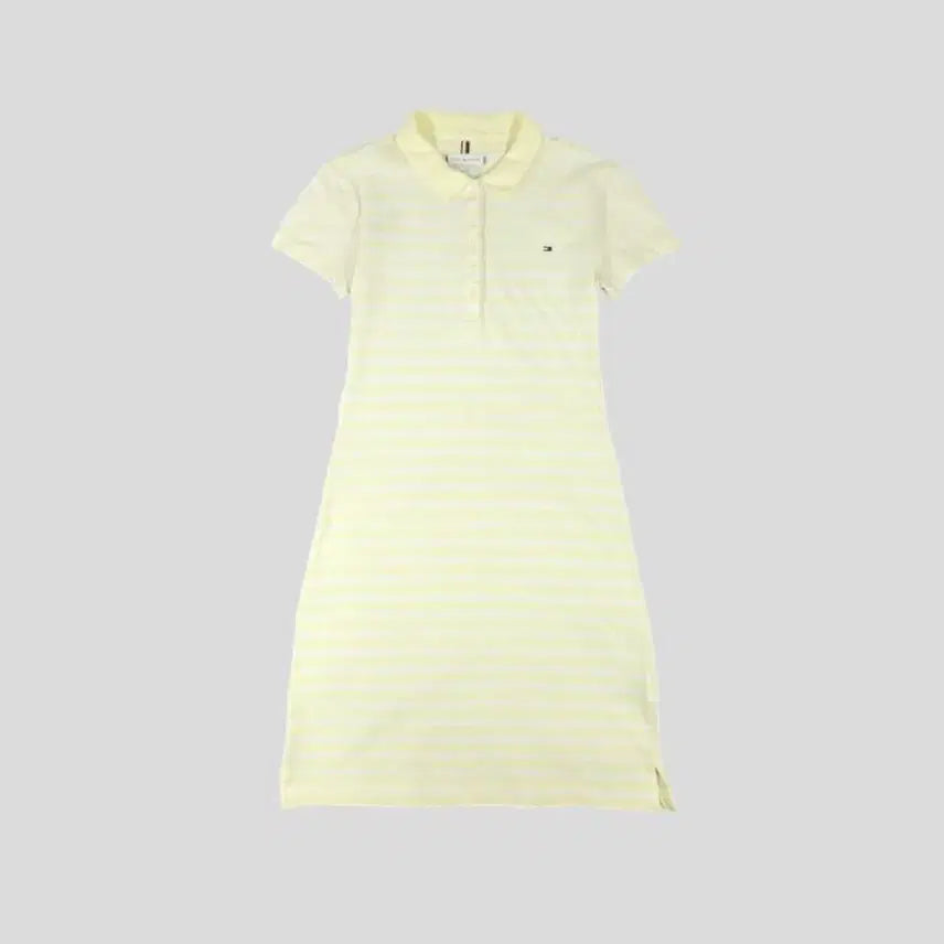 [BUNJANG] Tommy Hilfiger Women's Colorblock Stripe Slim Fit Pique Polo Dress / 타미힐피거 라이트옐로우 화이트 배색 스트라이프패턴 스몰로고 하프버튼 슬림핏 카라넥 PK 피케 반팔 원피스 WOMANS S