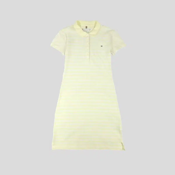 [BUNJANG] Tommy Hilfiger Women's Colorblock Stripe Slim Fit Pique Polo Dress / 타미힐피거 라이트옐로우 화이트 배색 스트라이프패턴 스몰로고 하프버튼 슬림핏 카라넥 PK 피케 반팔 원피스 WOMANS S
