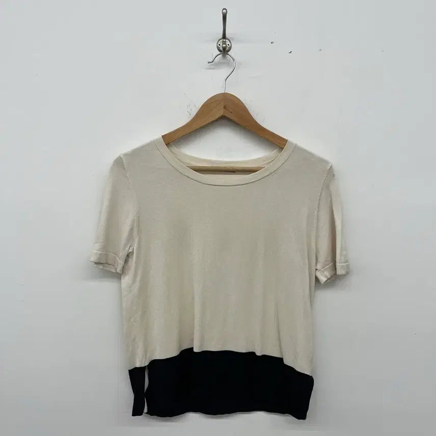 [BUNJANG] Theory Colorblock Short Sleeve Knit Top Women's S / 띠어리 빈티지 크림색 배색 반팔 니트 여성S