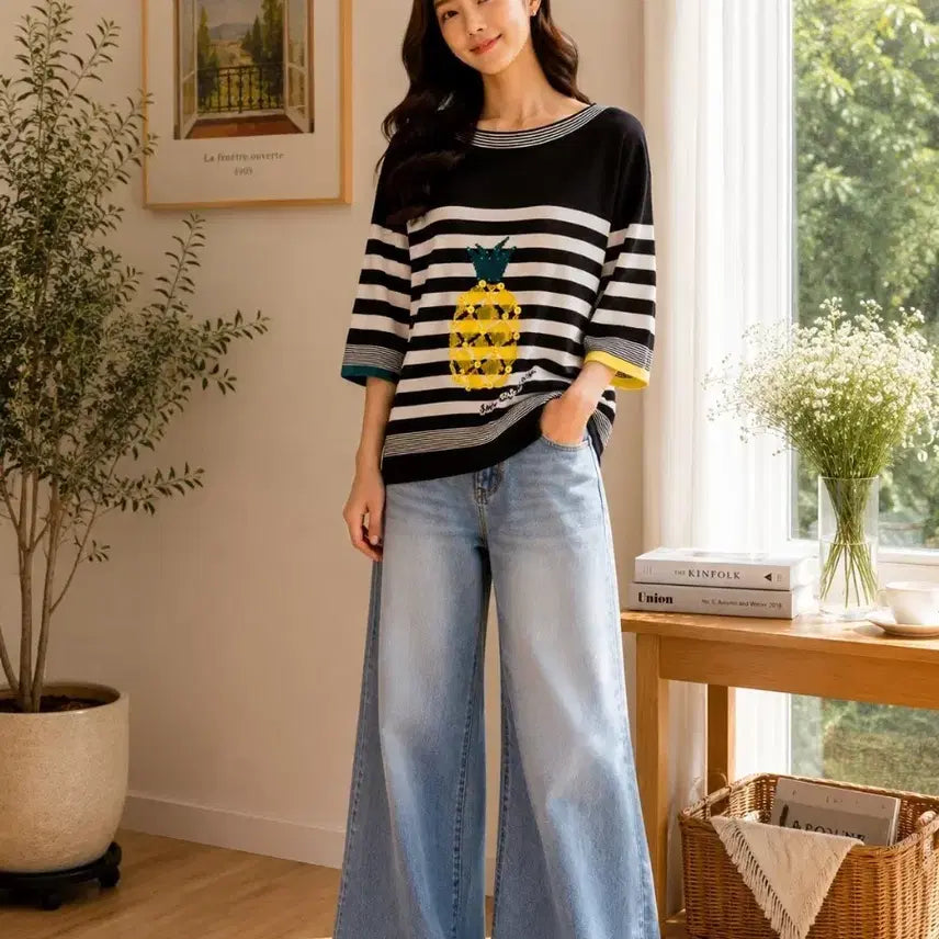[BUNJANG] Black Stripe Pineapple Short Sleeve Knit T-Shirt / 블랙 스트라이프 파인애플 반팔 니트 티셔츠