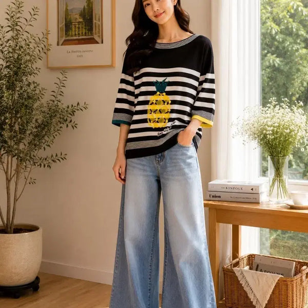 [BUNJANG] Black Stripe Pineapple Short Sleeve Knit T-Shirt / 블랙 스트라이프 파인애플 반팔 니트 티셔츠