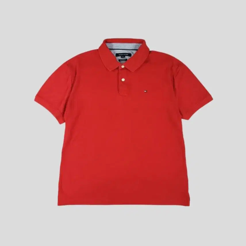 [BUNJANG] Tommy Hilfiger Red Small Logo Half-Button Custom Fit Cotton Short Sleeve T-Shirt L / 타미힐피거 레드 스몰로고 하프버튼 커스텀핏 카라넥 코튼 반팔 티셔츠 L