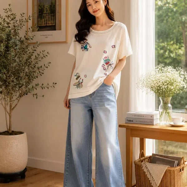 [BUNJANG] Women's Casual Character Embroidered Short Sleeve Knit T-Shirt / 여성 캐주얼 캐릭터 자수 반팔 니트 티셔츠