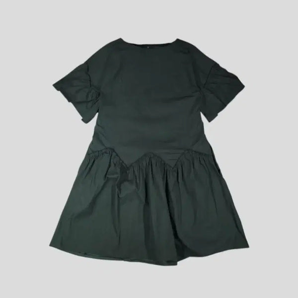 [BUNJANG] LANVIN Cotton Blend Boatneck Short Sleeve Dress / LANVIN 랑방 한섬 딥카키 퍼프 플리츠 러프 페미닌 코튼블렌드 보트넥 반팔 원피스 드레스 WOMANS L