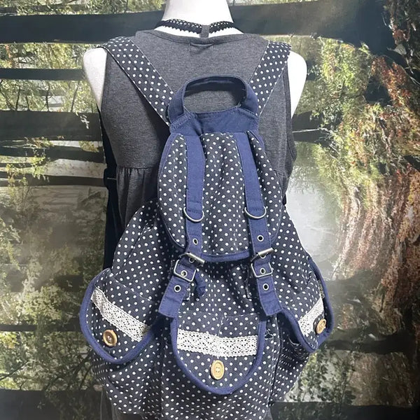 [BUNJANG] Vintage Mori Girl Navy Three Pocket Dot Lace Wood Button Backpack Bag / 빈티지 모리걸 네이비 쓰리 포켓 도트 레이스 우드 단추 배낭 백팩 가방