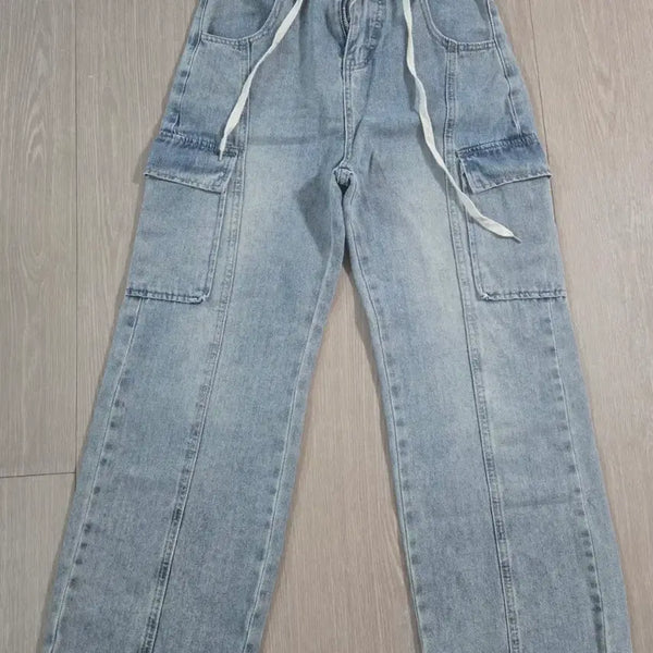 [BUNJANG] Light Wash Cargo String Wide Denim Pants / 연청 카고 스트링 데님 와이드 팬츠