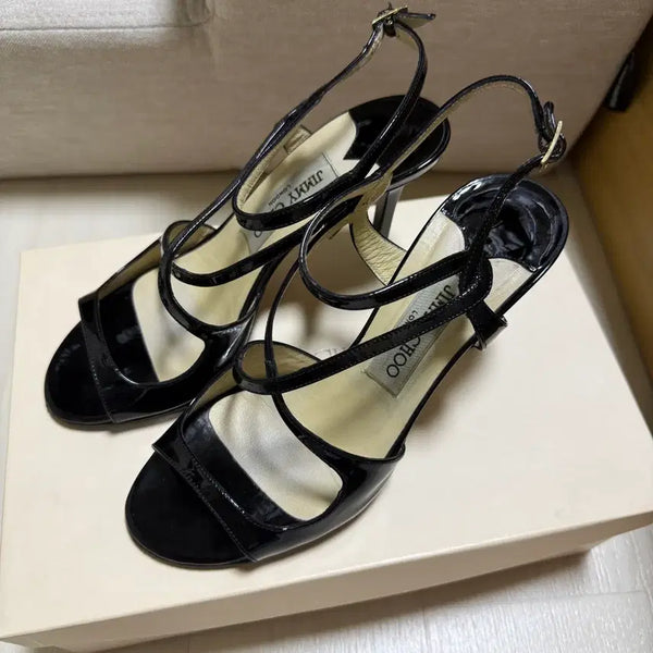 [BUNJANG] Jimmy Choo Black Patent Leather Strap Heel Sandals / 지미추 블랙 에나멜 스트랩 힐 샌들