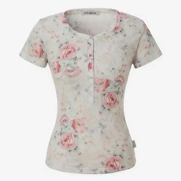 [BUNJANG] Mireco Flower Button T-Shirt Ivory / 미레코 플라워 버튼 티 아이보리 FLOWER BUTTON T IVORY
