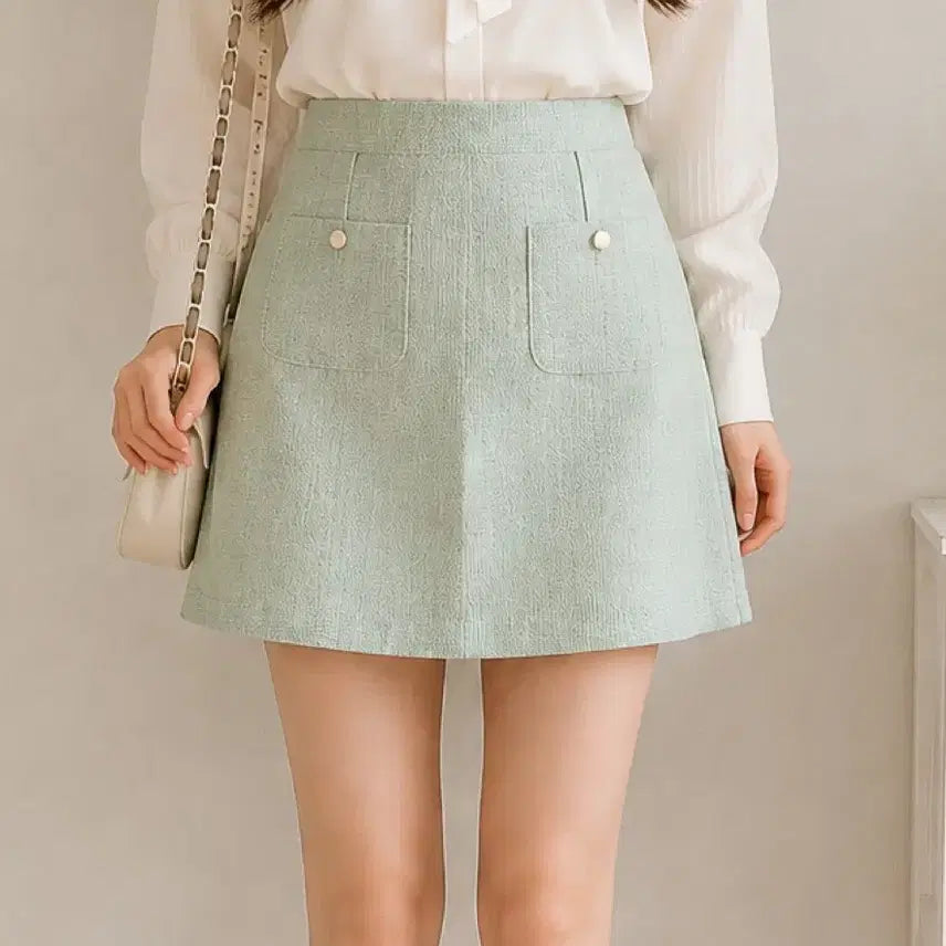 [BUNJANG] Mint Tweed A-Line Mini Skirt with Pocket Detail (Size M) / 새제품 ) M 민트 트위드 A라인 미니스커트 포켓 포인트