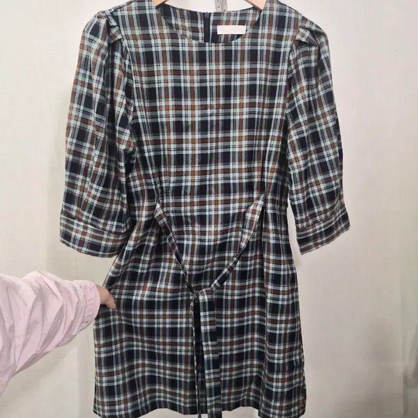 [BUNJANG] Mint Check Puff Sleeve Dress / 민트 체크 퍼프소매 원피스