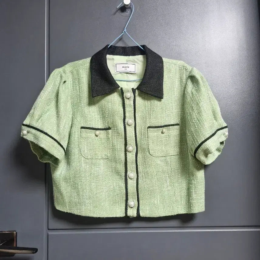 [BUNJANG] Mari Two-Tone Tweed Short Sleeve Cropped Jacket with Cubic Buttons / 마리 투톤 트위드 반팔 큐빅단추 크롭 자켓 .55ㅡ날씬77. 초강추