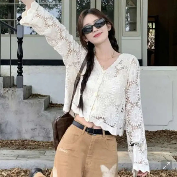 [BUNJANG] Knit Crochet Flower Cardigan White / 뜨개 크로셰 푼라워 가디건 화이트