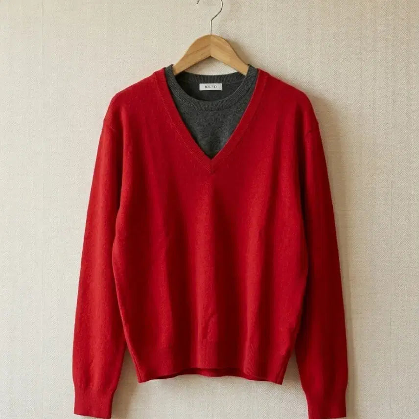 [BUNJANG] Recto 25FW Contrast Layered V-Neck Knit Top Red / 렉토 25FW 콘트라스트 레이어드 브이넥 니트 탑 레드