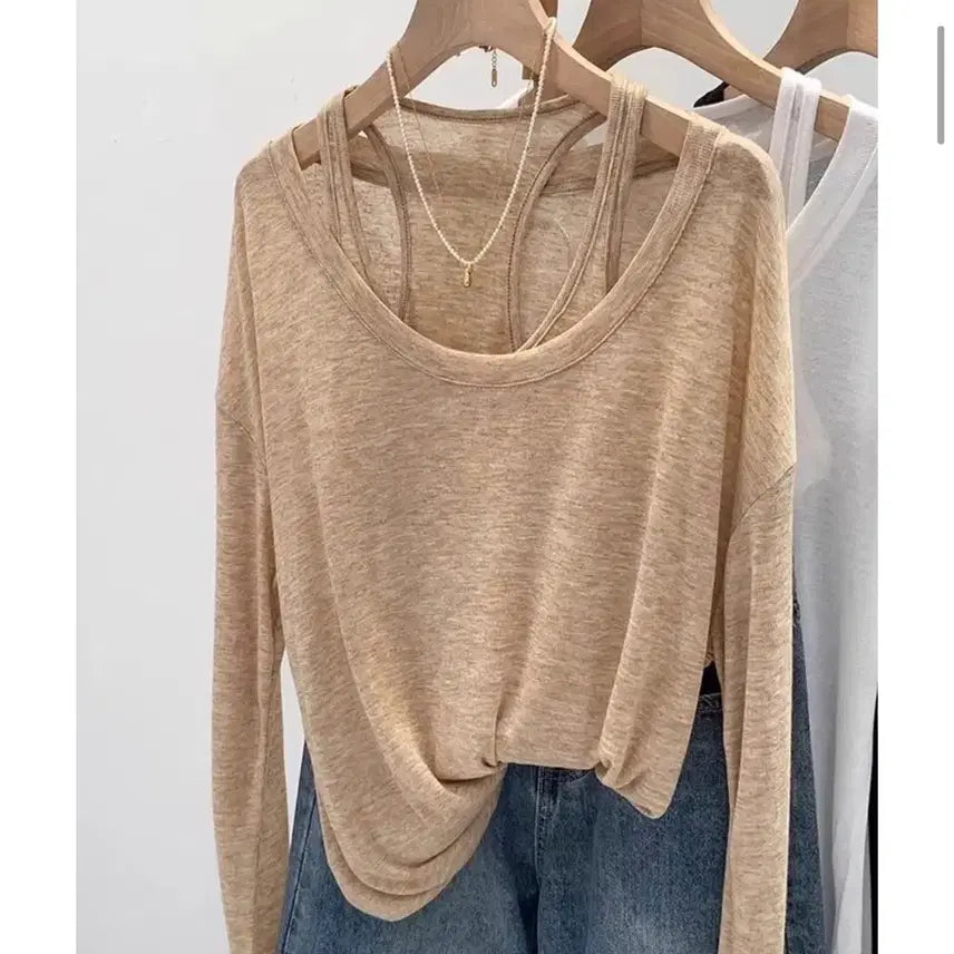 [BUNJANG] Layered Sleeveless T-shirt Set Beige S / 레이어드 나시 티셔츠 세트 베이지 s